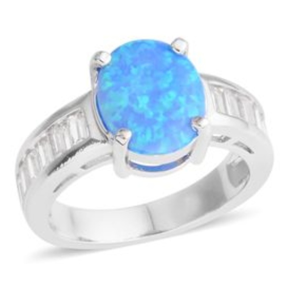 Lab Created Opal, White CZ Ring in Silvertone - Picture 4 of 4
